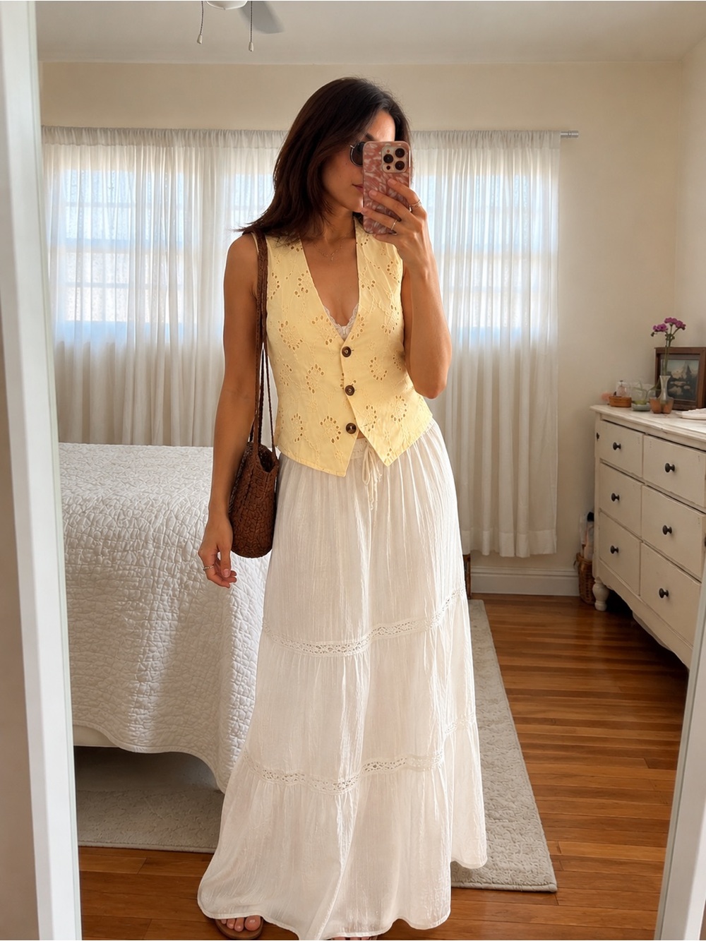 Pastel Yellow Eyelet Embroidered Button Vest Small‎